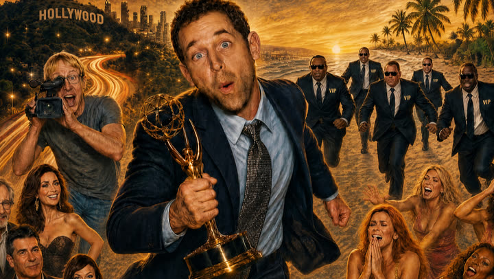 Stu runs down a beach clutching an Emmy statuette, chased by bodyguards